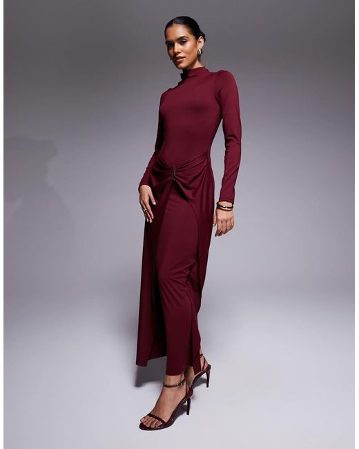 ASOS Purple Slash Neck Long Sleeve Wrap Hardware Detail Midi Dress