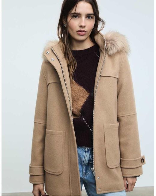 Stradivarius Natural Coat With Faux Fur Hood