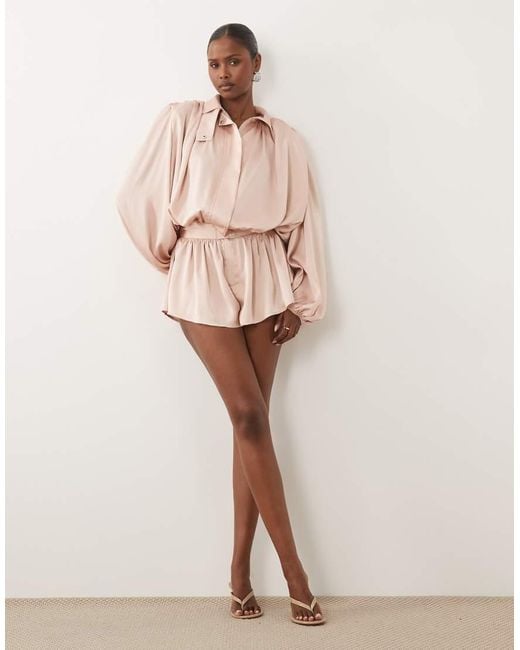 Noughts & Kisses Natural Satin High Neck Extreme Drape Balloon Sleeve Playsuit