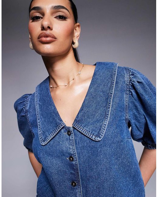 River Island Blue Denim Puff Sleeve Top