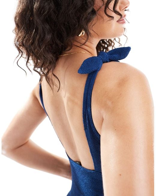 & Other Stories Blue Crinkle Swimsuit With Bow Detail