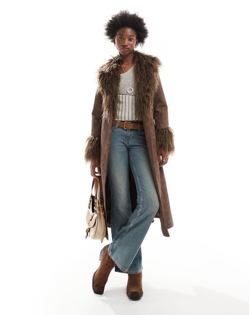 Reclaimed (vintage) Brown Longline Leather Look Mac With Faux Fur Collar