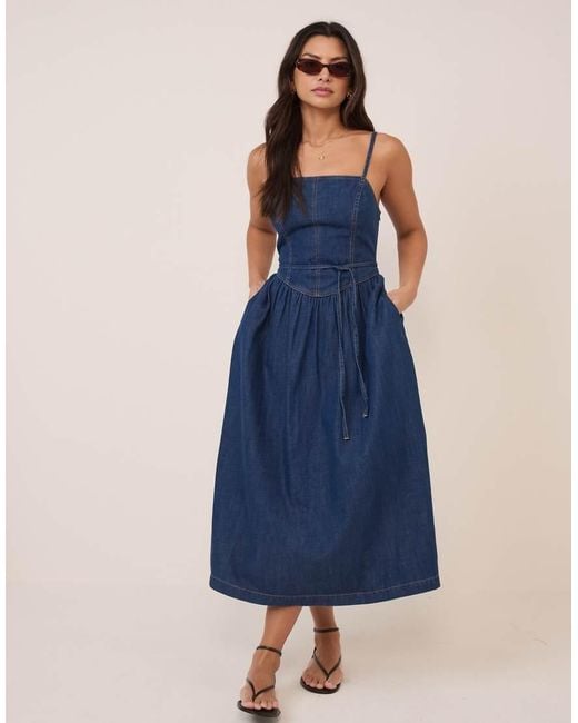 Nobody's Child Blue Jones Bodice Detailing Ruched Skirt Denim Midi Dress