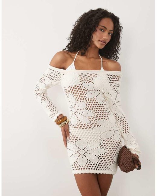 Miss Selfridge Natural Off Shoulder Floral Crochet Dress