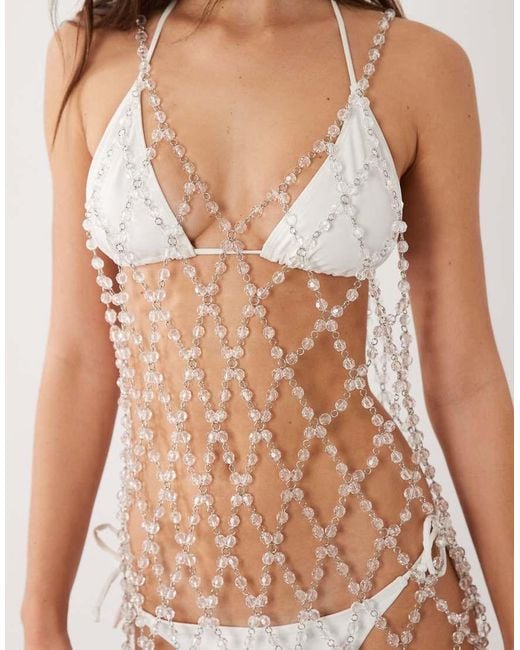 Miss Selfridge Natural Beach Premium Embellished Sheer Cowl Back Mini Dress