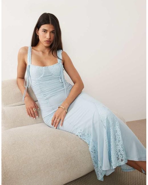 ASOS Blue Lace Mix Balconette Pencil Dress With Godet Details
