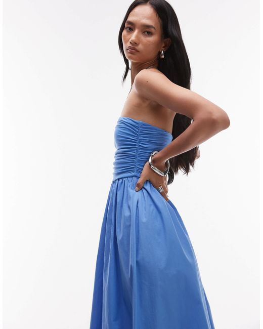 TOPSHOP Blue – trägerloses maxikleid aus popeline-materialmix