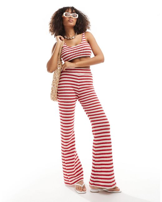 Pantalon ample d'ensemble en maille texturée au crochet à rayures - et blanc ASOS en coloris Red