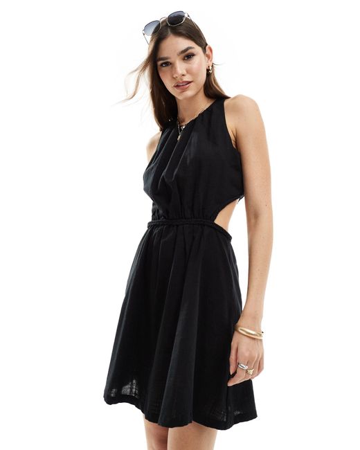 Pretty Lavish Black Linen Look Cut-out Mini Dress