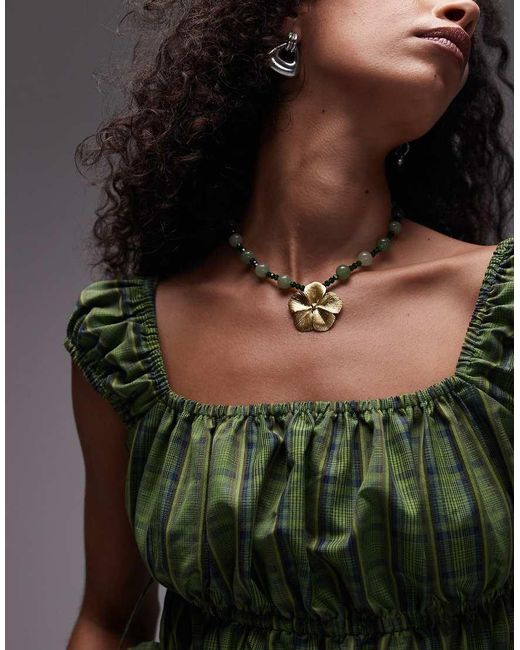 Mango Green Beaded Flower Necklace