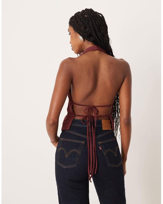 ASOS Red Polyamide Ruched Waist Detail Halter Top