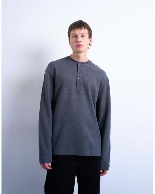 Topman Blue Premium Relaxed Fit Heavyweight Waffle Henley for men