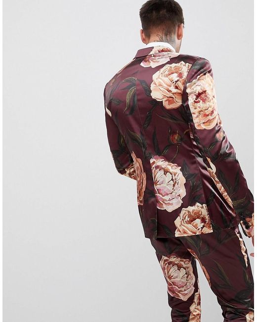 Veste de costume super slim en satin imprime fleuri Bordeaux ASOS pour homme en coloris Rouge Lyst