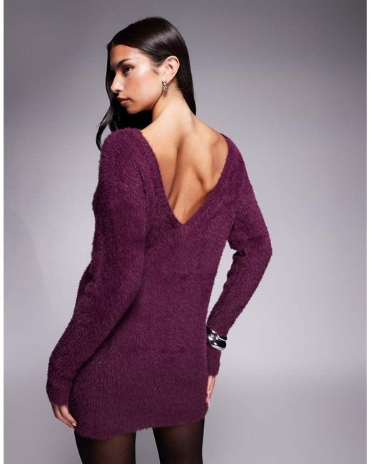 Aria Cove Purple Fluffy Knit Reversible Low Back Mini Sweater Dress