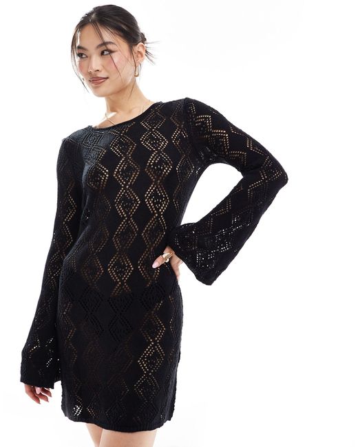 In The Style Black Exclusive Crochet Bell Sleeve Mini Beach Dress