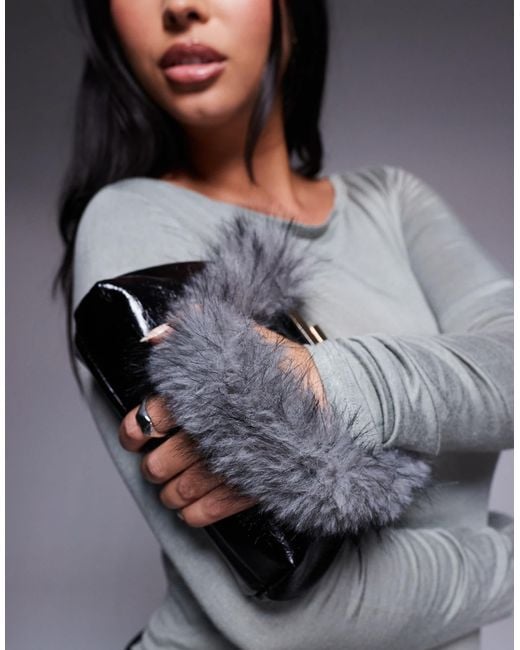 ASOS Gray Textu Frame Mini Clutch Bag With Faux Fur Top Handle