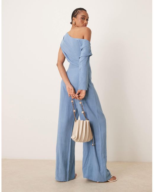 ASOS Blue Asos Design Tall Linen Fallen Shoulder Jumpsuit
