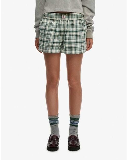 Superdry Green Cotton Check Elastic Shorts