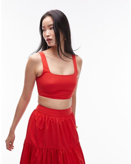 TOPSHOP Red Taffeta Square Neck Crop Top