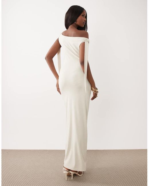 The Frolic Natural Exclusive Slinky Asymmetric Shoulder Tie Detail Bodycon Maxi Dress