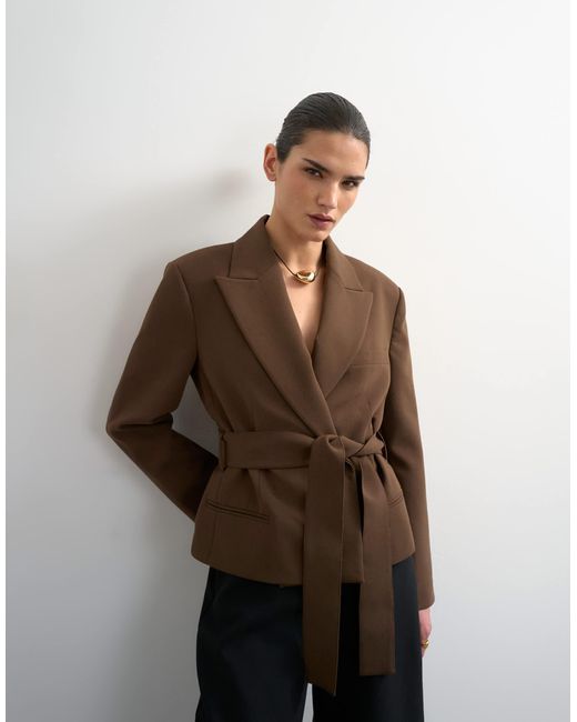 TOPSHOP Brown Cropped Belted Boxy Blazer