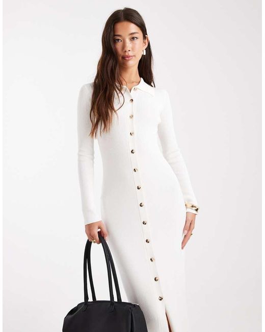 4th & Reckless White Ribbed Knit Gold Button Up Collared Maxi Dress