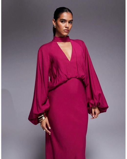 ASOS Pink High Neck Plunge Maxi Dress With Blouson Sleeves