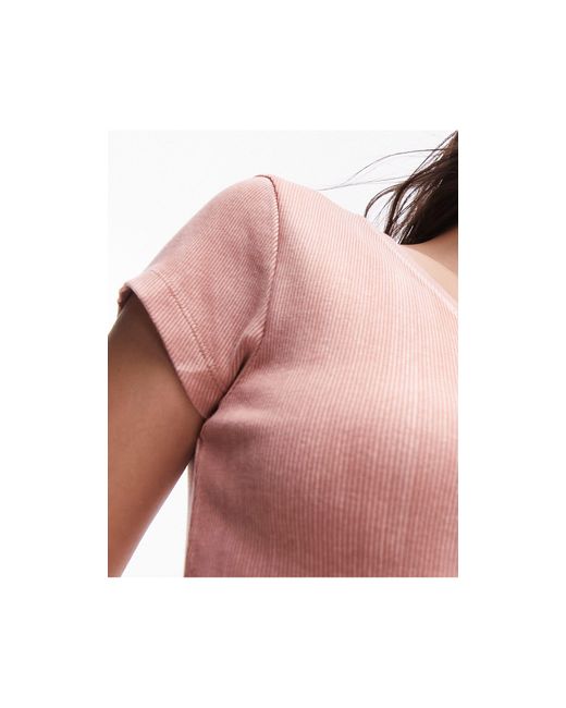 T-shirt à col v - délavé TOPSHOP en coloris Pink