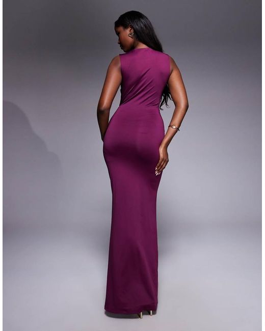Aria Cove Purple Slinky Ruched High Neck Bodycon Maxi Dress