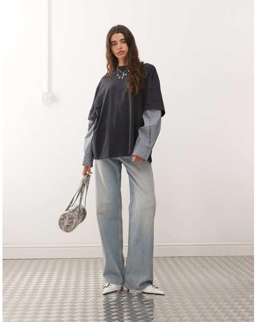 Lioness Gray 2 In 1 Oversized T-shirt Overlay And Striped Long Sleeve Shirt In Charcoal Stripe
