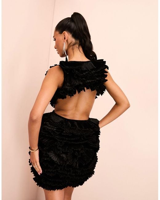 ASOS Black Premium Ruffle Plunge Pleated Velvet Mini Dress