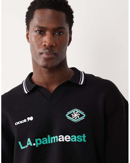ASOS Black Relaxed Textured Rugby Polo Sweatshirt With Graphic for men