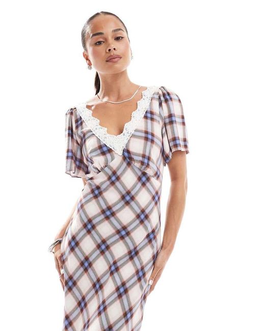New Look Geruite Midi Jurk Met Kant En Uitlopende Mouwen in het Pink