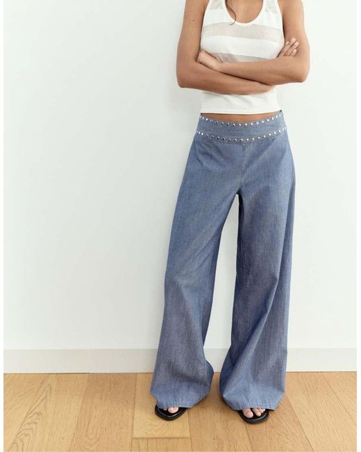 Pull&Bear Blue Wide-leg Jeans With Studs