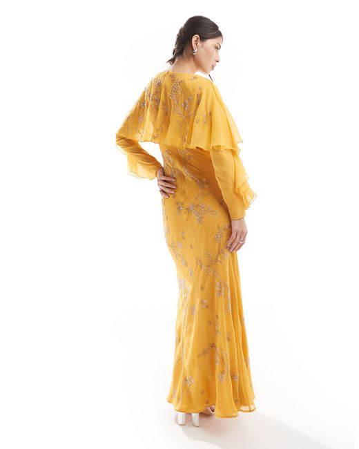 ASOS Metallic Modesty Embellished Long Sleeve Ruffle Bias Maxi Dress With Cape Detail