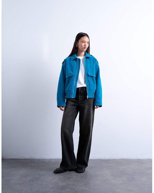 TOPSHOP Blue Faux Suede Quilted Lined Bomber Jacket With Popper Details