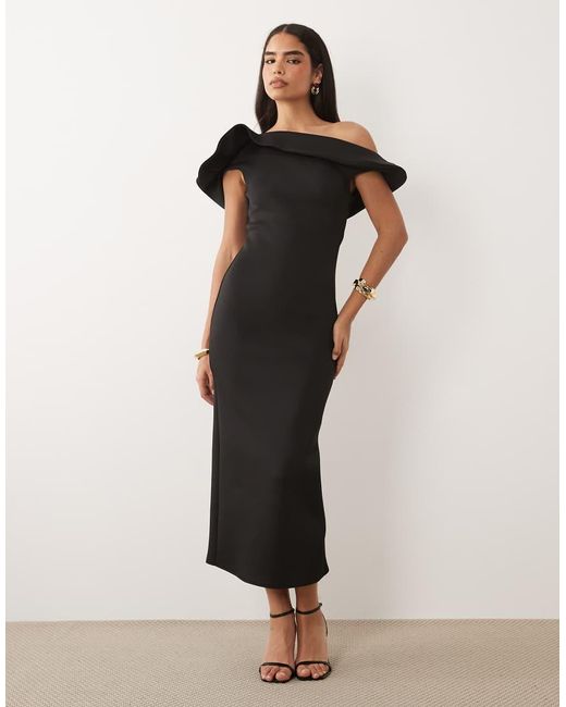 ASOS Black Twist Bardot Midi Dress With Corsage Back Detail