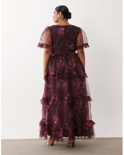 Lace & Beads Plus Brown Tulle Puff Sleeve Ruffle Tiered Maxi Dress