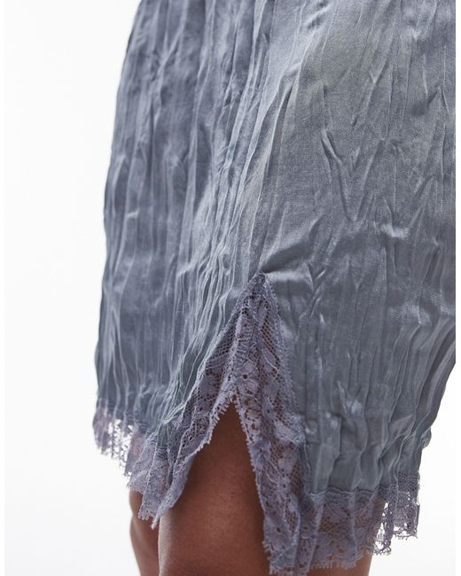 TOPSHOP Blue Crinkle Mini Skirt With Knicker Trim And Lace Split