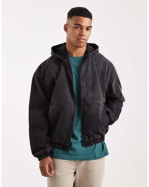 Hollister Blue Oversized Hooded Denim Bomber Jacket for men