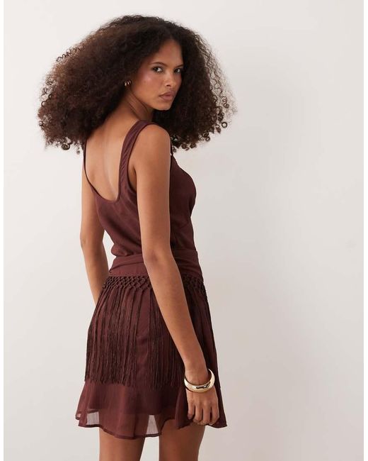 ASOS Brown Chiffon Draped Fringe Detail Mini Dress