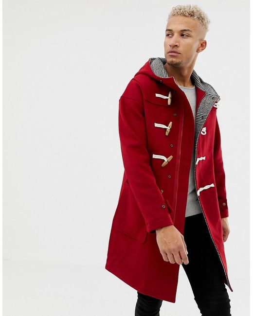 Pull&Bear Wool Coat With toggles in Red for Men | Lyst