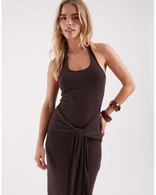 4th + Reckless Petite Brown Soft Jersey Scoop Neck Halterneck Drape Tie Front Maxi Dress