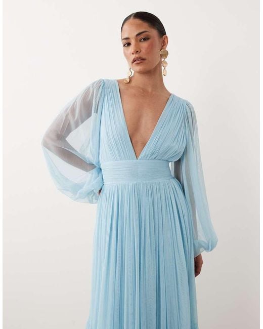 LACE & BEADS Blue Bridesmaid Madison Smocked Plunge Neck Sheer Sleeve Maxi Dress