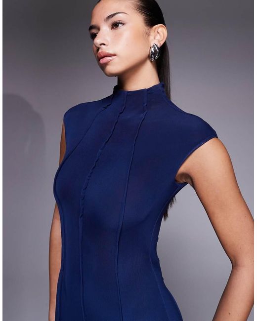 ASOS Blue Mesh High Neck Maxi Dress With Exposed Contour Seam Detail