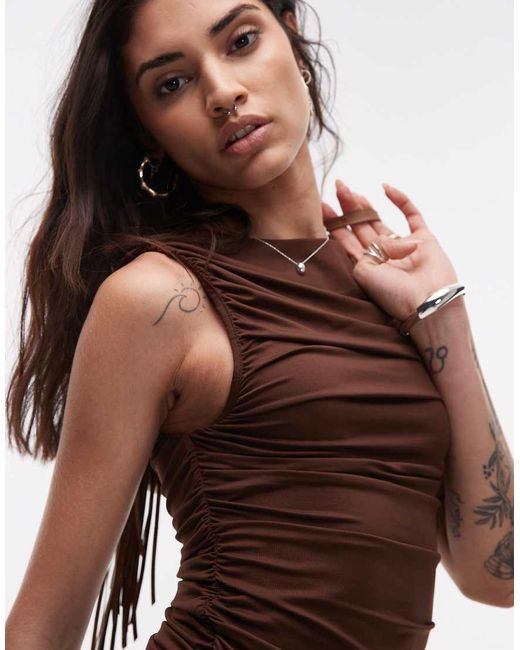 TOPSHOP Gerimpelde Top Van Jersey Met Rechte Hals in het Brown