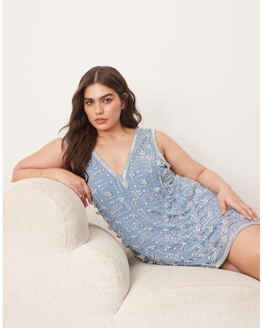 ARRANGE Blue Curve Embellished Floral Crystal Encrusted A-line Mini Dress