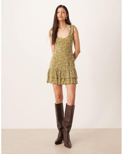 Motel Green Wino Mini Dress With Double Ruffle Hem