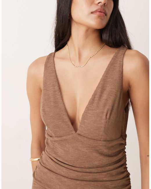 ASOS Natural Mesh Rib Plunge Ruched Waist Maxi Dress