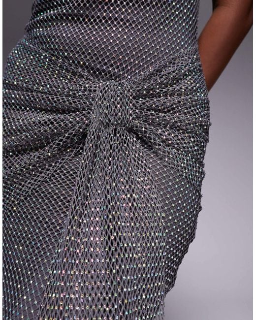 ASOS Gray Scoop Neck Fishnet Hotfix Embellished Midi Dress With Sash Detail Skirt